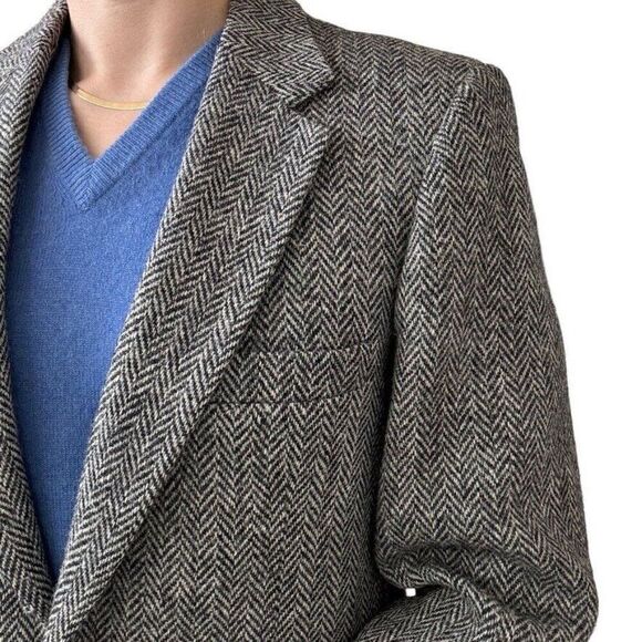 Vintage Mens Harris Tweed Black Gray Chevron Wool Preppy Sport Coat Blazer 36R - Picture 6 of 10